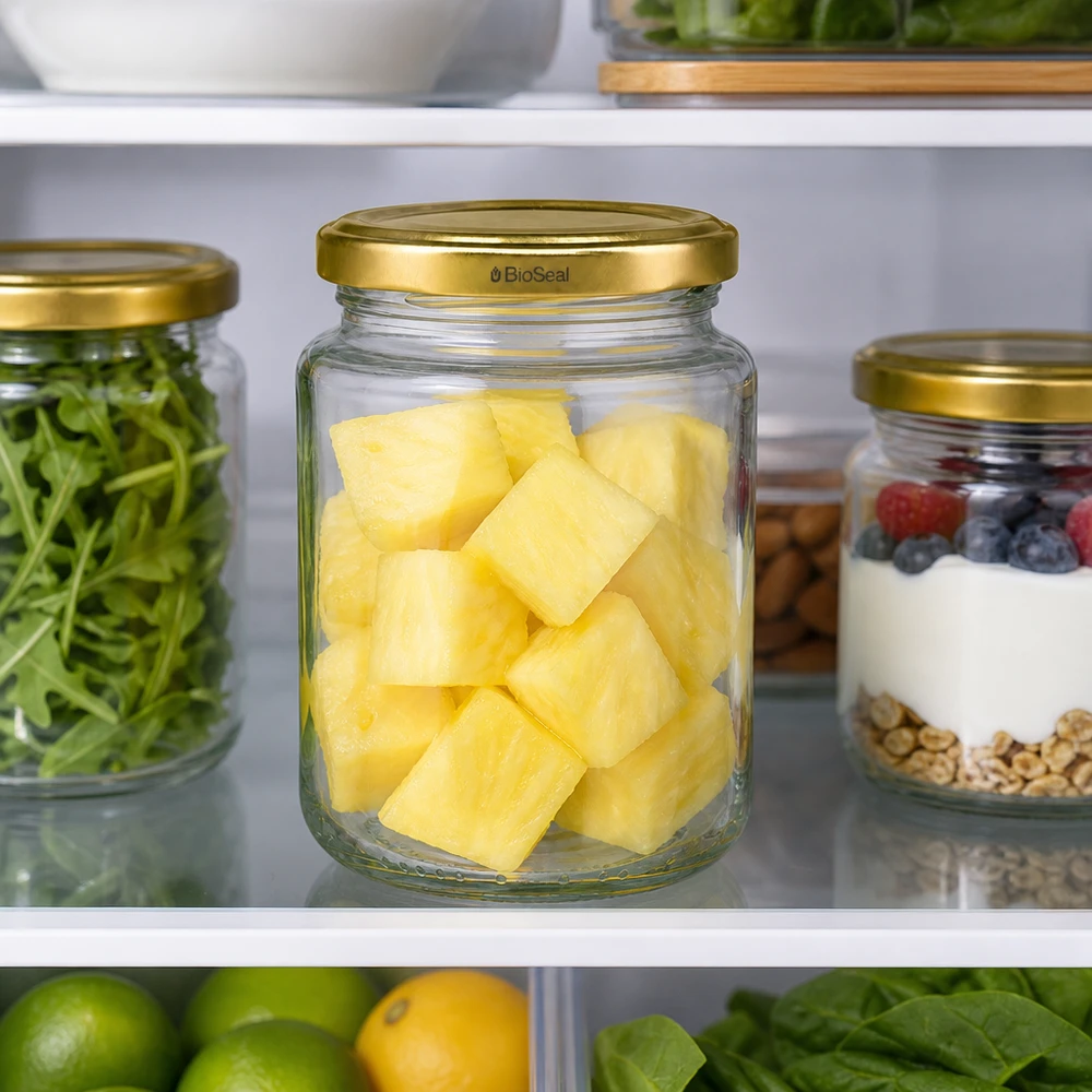 UNiTWIST Runda382 se zlatým víkem TO66 BioSeal UNiTWIST Runda382 mit TO66 BioSeal Deckel im Kühlschrank, Ananasstücke frisch gelagert, Meal Prep Vorratsglas