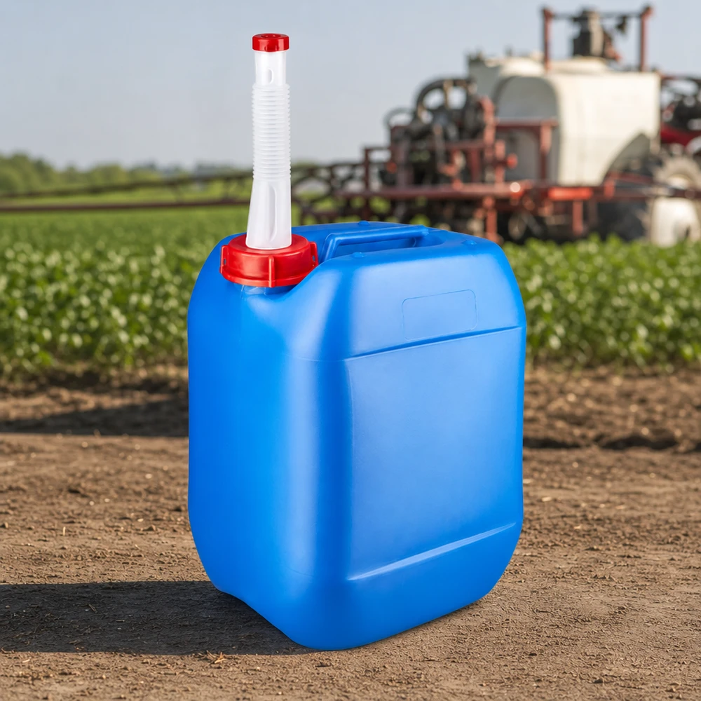 Stabiler Kanister 10 Liter mit Einfüllrohr und Schraubkappe auf Ackerboden