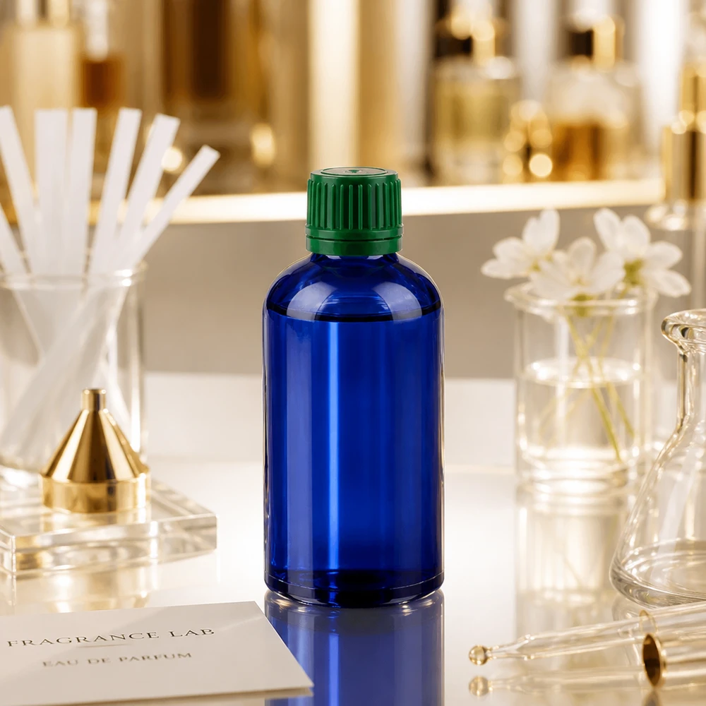 100ml láhev 11mm šroubovací uzávěr zelený uzávěr s ochranou proti manipulaci BlueLine UT18/100 Vielseitige 100ml Vorratsflasche in klassischem Blau mit praktischem 11mm Grünverschluss
