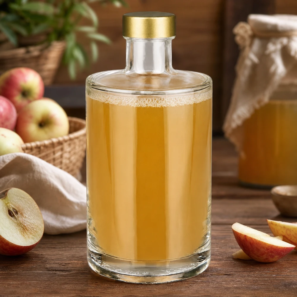 375ml Glasflasche "Sam" + Schraubverschluss gold UNiTWIST 375ml Glasflasche Sam mit Apfelsaft befüllt goldener Schraubverschluss UNiTWIST frische Äpfel Obstverarbeitung