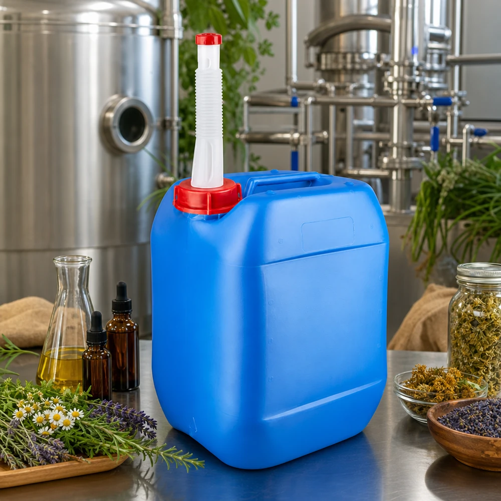 Kanystr 10 litrů modrý s výpustným potrubím Flex Handlicher blauer UN-Kanister 10L mit Flex-Tülle in professioneller Naturkosmetik-Produktionsumgebung