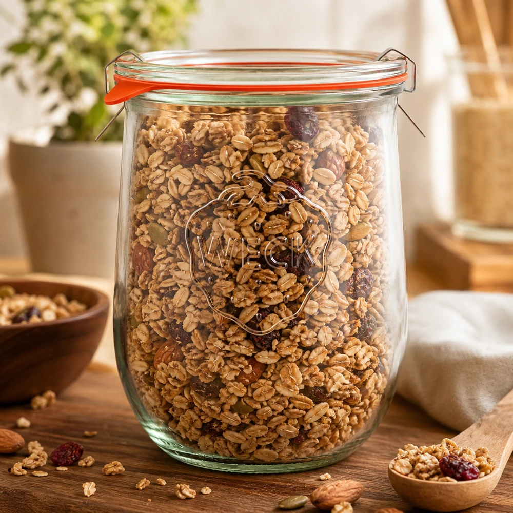 WECK Tulpenglas 1062ml RR100 gefüllt mit Müsli und Nüssen zeigt praktische Vorratshaltung in der Küche