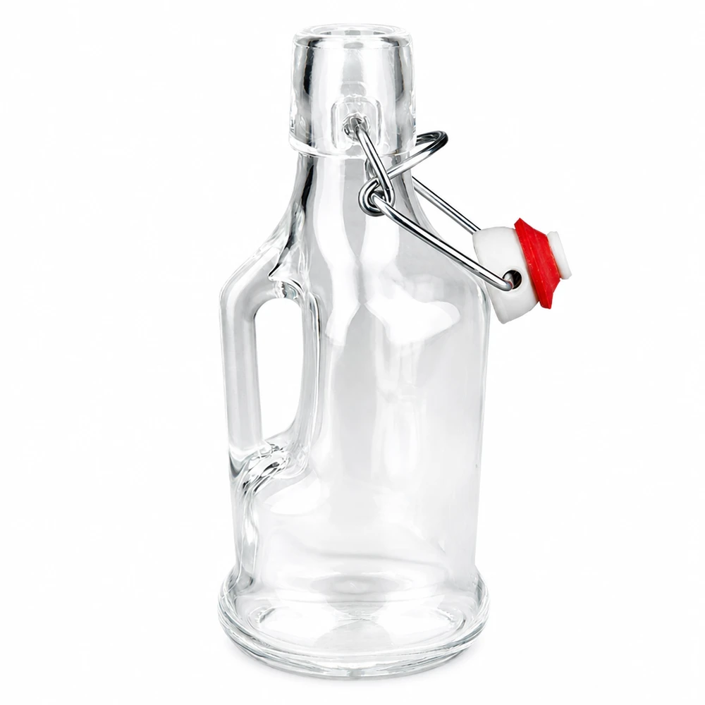 Glasflasche Bertha 200ml mit rotem Dichtungsring am Bügelverschluss, transparentes Glas, seitlicher Griff