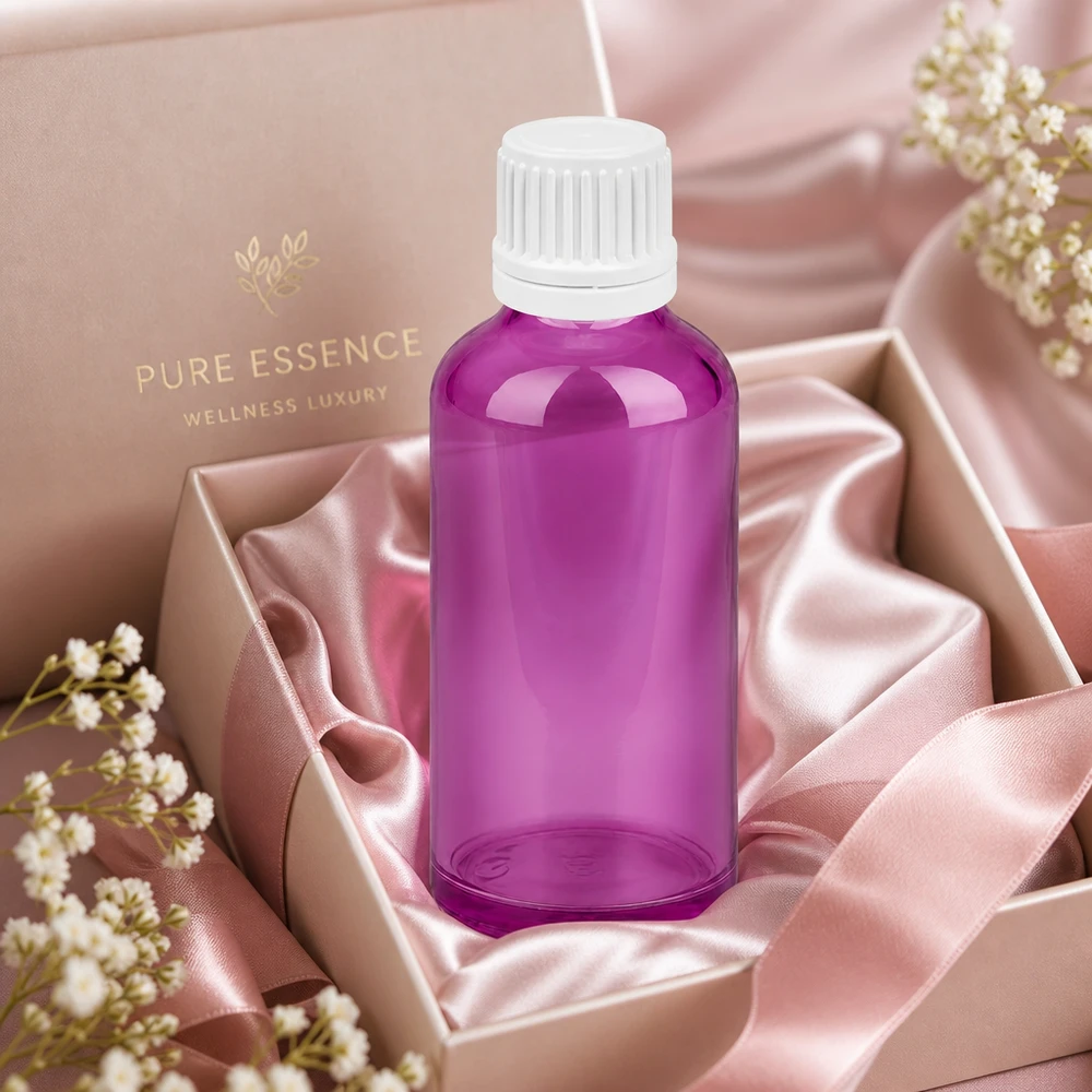 Robuste 50ml Glasflasche in Violett mit sicherem Verschlusssystem für den täglichen Gebrauch