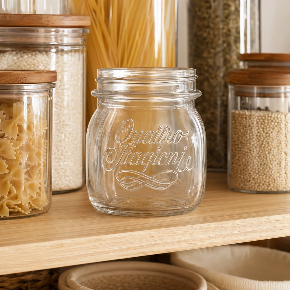 250ml kulatá zavařovací sklenice "Quattro Stagioni" QS70mm 250ml Quattro Stagioni Haushaltsglas leer auf Holzregal zwischen gefüllten Vorratsgläsern mit Pasta und Getreide