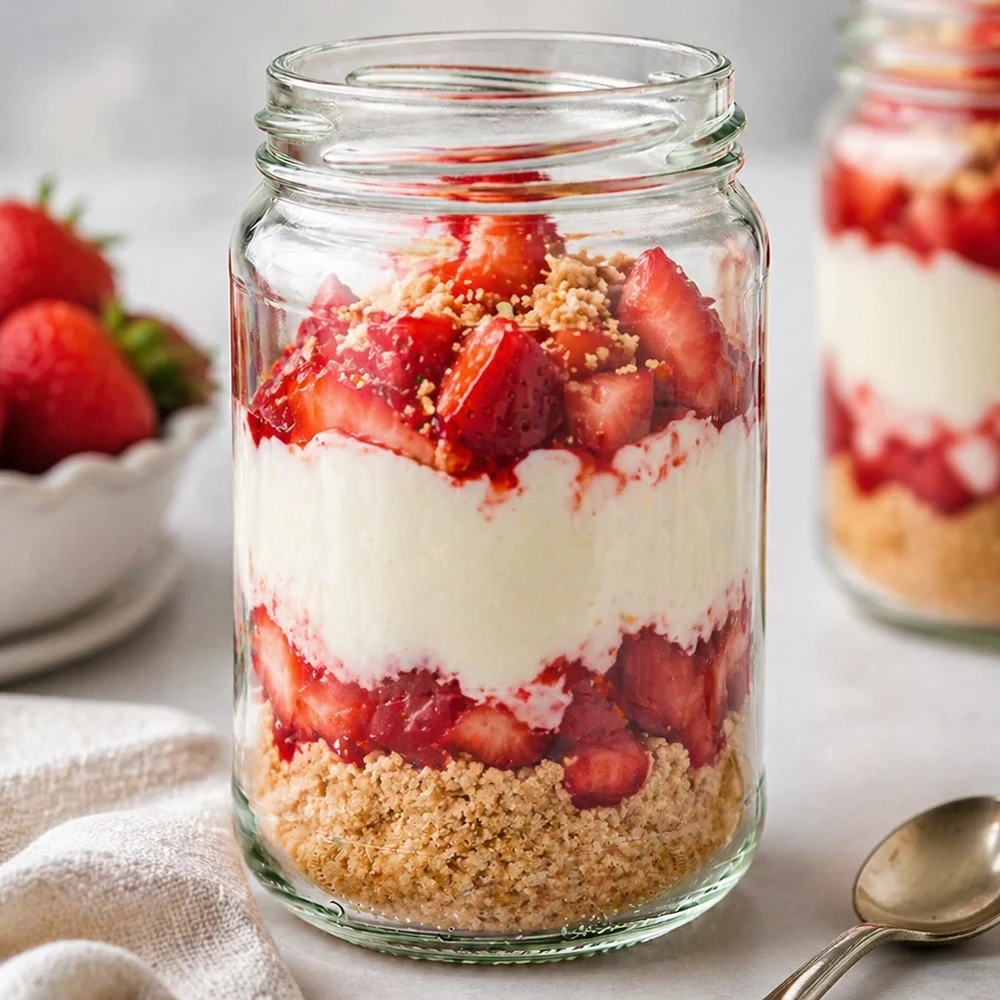 Kulatá sklenice o objemu 305 ml bez víčka (TO63) UNiTWIST Rundglas 305ml mit Erdbeerdessert gefüllt zeigt UNiTWIST Runda305 TO63 Einmachglas für Schichtdesserts und Joghurt