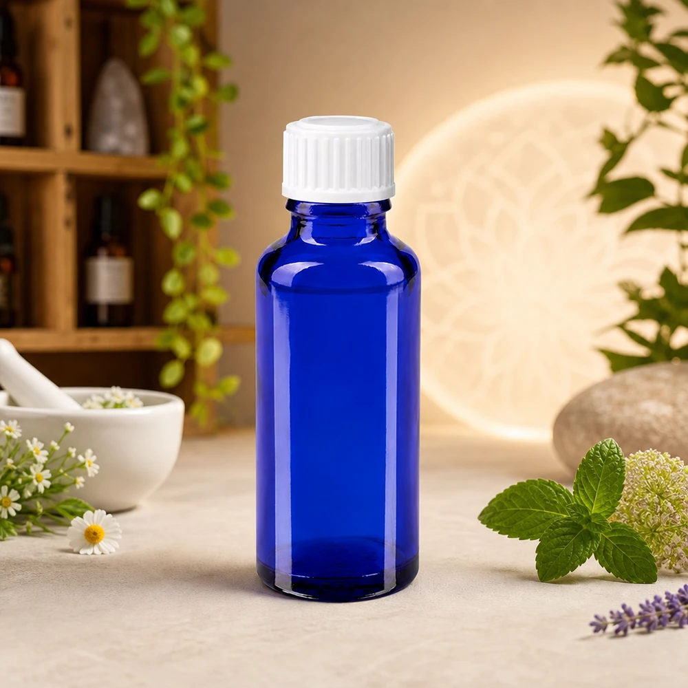 Lékárenská lahvička modrá 30ml šroubovací uzávěr bílý globule standardní Blaue Glasflasche 30ml für ätherische Öle und Naturkosmetik mit weißem Originalitätsverschluss