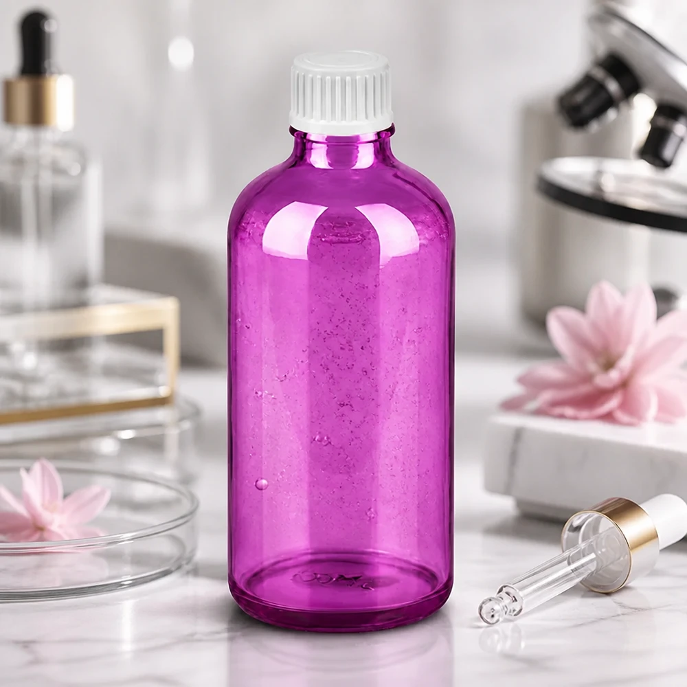 100ml lahvička s kapátkem 0,9 mm bílá standardní PurpleLine UT18/100 100ml Kosmetikflasche transparent lila mit Tropfverschluss für DIY-Mischungen und Öle