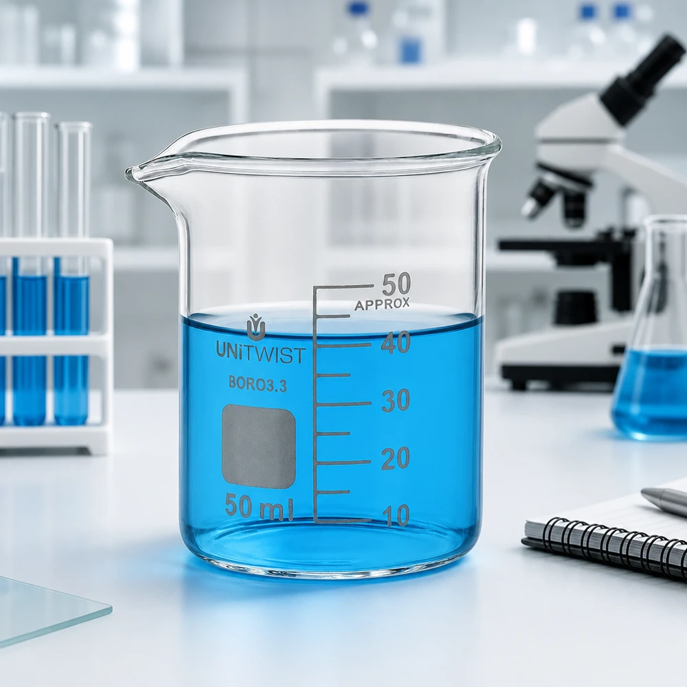 Kádinka 50ml borosilikátová, nízká forma UNiTWIST Präzisionsbecherglas 50ml UNiTWIST BORO 3.3 mit Volumenmarkierungen 10 bis 50ml niedriger Typ