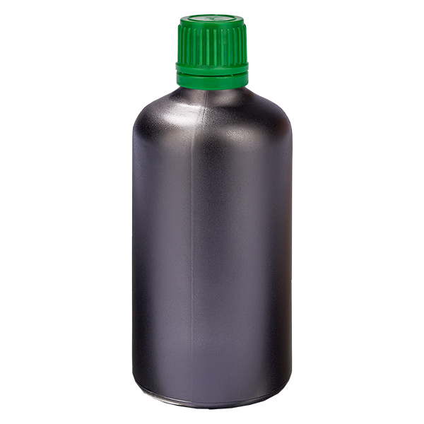 100ml láhev 11mm šroubovací uzávěr zelený uzávěr s ochranou proti manipulaci BlackLine UT18/100 100ml láhev 11mm šroubovací uzávěr zelený uzávěr s ochranou proti manipulaci BlackLine UT18/100