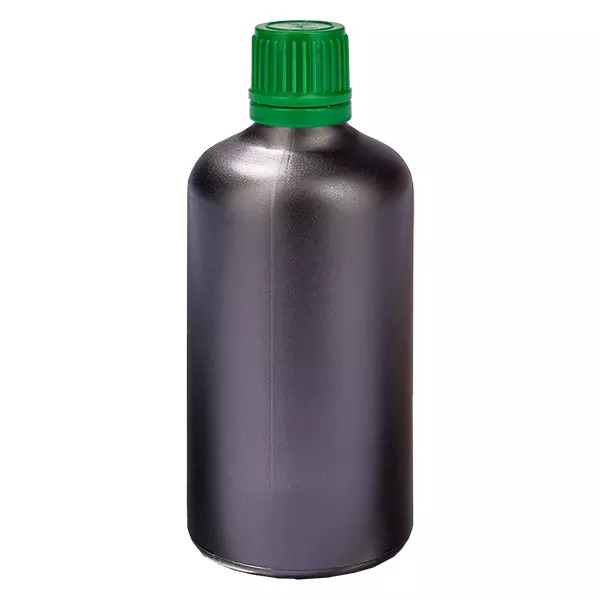 100ml láhev 11mm šroubovací uzávěr zelený uzávěr s ochranou proti manipulaci BlackLine UT18/100 100ml láhev 11mm šroubovací uzávěr zelený uzávěr s ochranou proti manipulaci BlackLine UT18/100