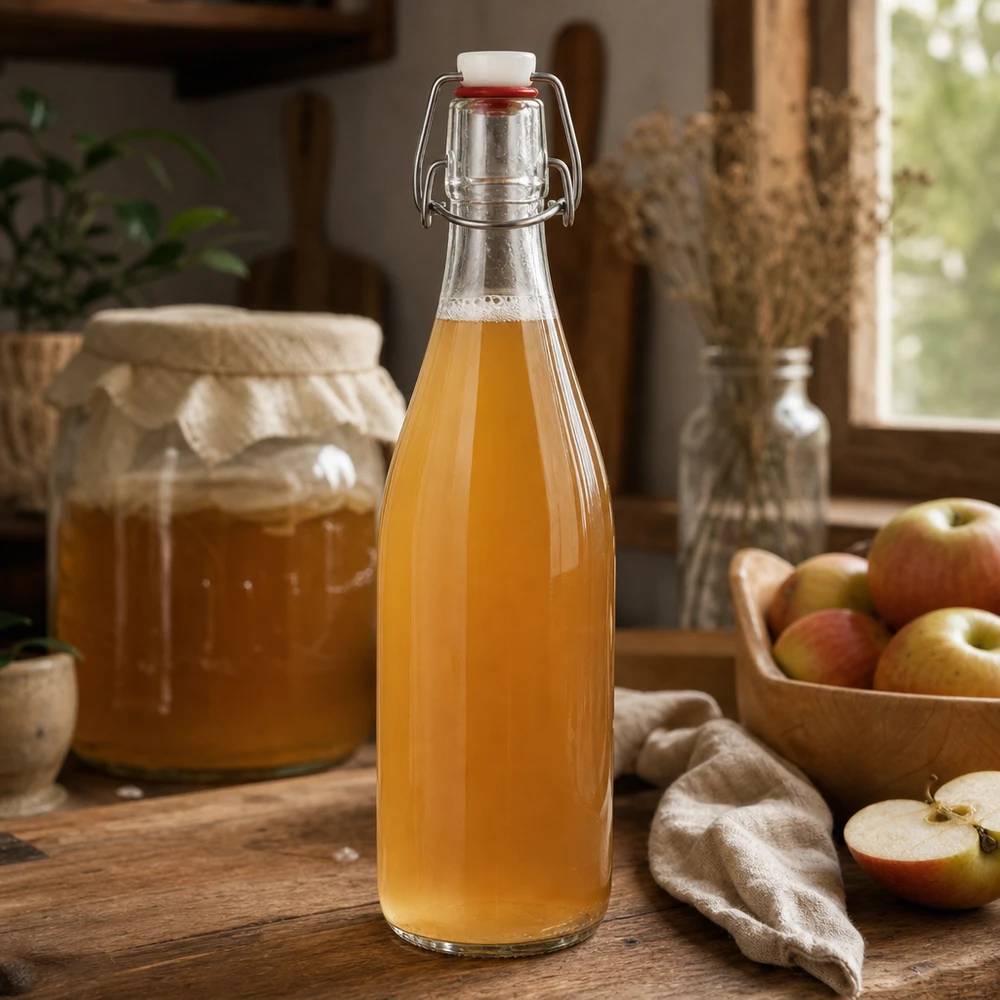 500ml skleněná láhev + otočný vršek PVC UNiTWIST 500ml Glasflasche Bügelverschluss mit Apfelsaft befüllt rustikale Küche Obstgetränk hausgemacht natürlich
