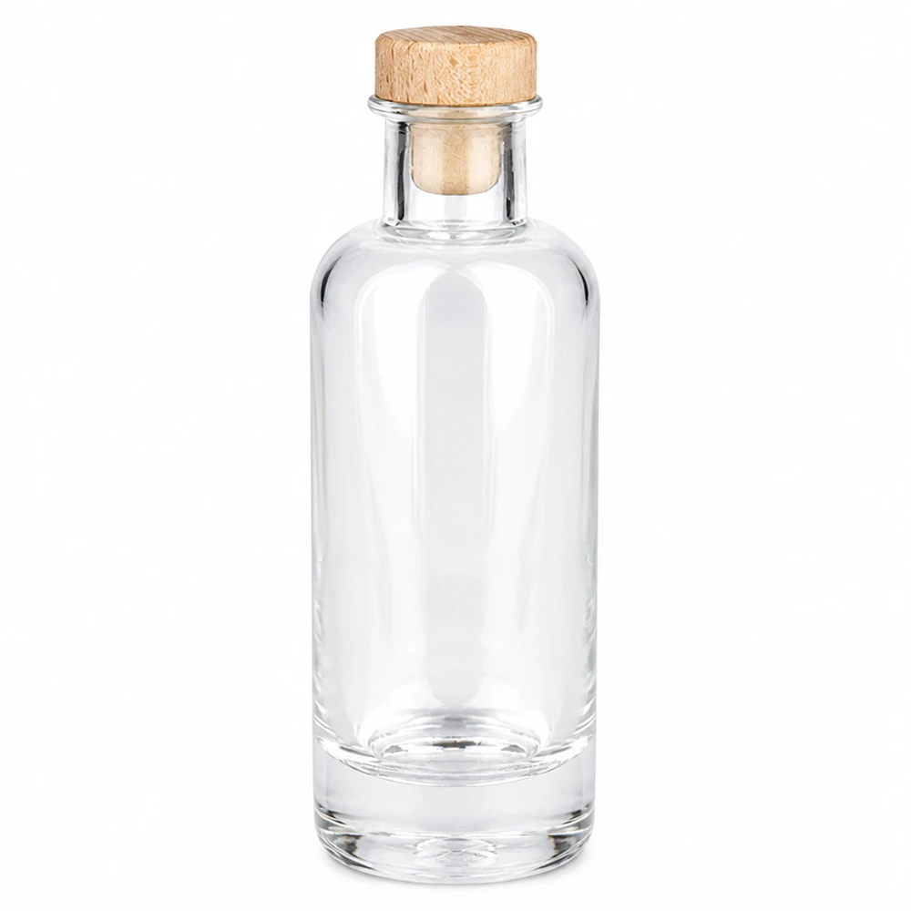200ml Glasflasche "Ella" mit Holzgriff-Korken UNiTWIST 200ml Glasflasche Ella mit Holzkorken transparent leer Produktfoto vor weißem Hintergrund