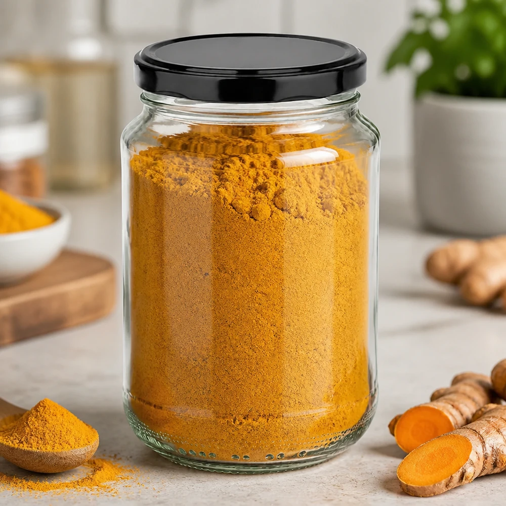 375ml kulatá sklenice s víčkem BasicSeal černá UNiTWIST 375ml Rundglas gefüllt mit Kurkumapulver zeigt praktische Verwendung als Gewürzglas mit schwarzem Deckel