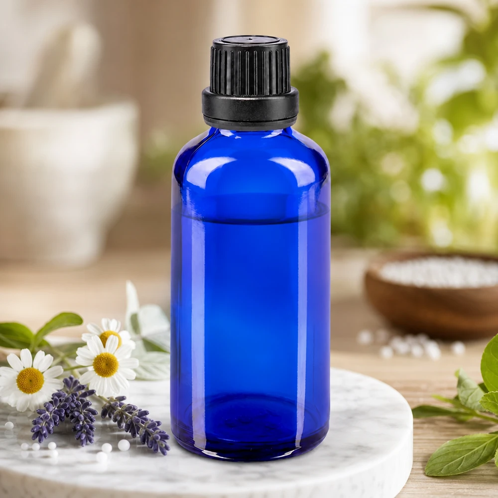 Lékárenská láhev modrá 50ml šroubovací uzávěr černá s ochranným uzávěrem proti neoprávněné manipulaci. Blaue Blauglasflasche 50ml mit SV OV schwarz in naturnahem Aromatherapie-Setting mit Wildblumen