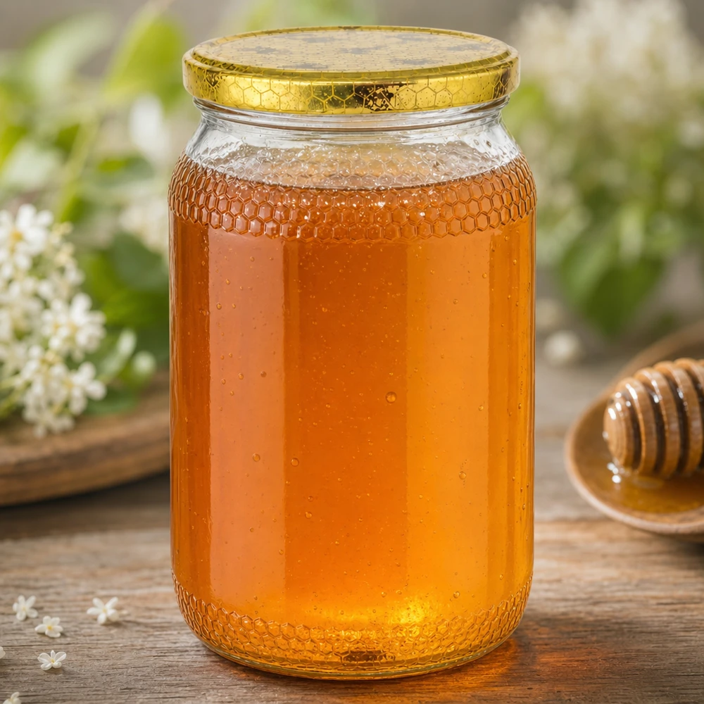 900ml Honigglas mit Honig gefüllt goldener Bienenwaben-Deckel Holzhintergrund Honigdipper Imkerei Naturprodukt