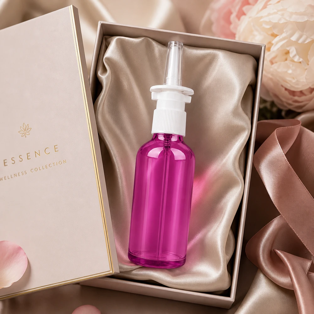 50ml lahvička s nosním rozprašovačem PurpleLine bílá/transparentní standardní hlavice. UT18/50 Professionelle 50ml Nasenspray-Flasche in Purple-Optik mit langlebigem Sprühmechanismus UT18/50