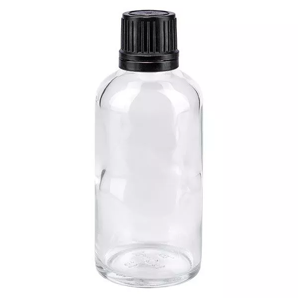 Lékárenská láhev čirá 50ml šroubovací uzávěr černý nalévací kroužek tamper evident uzávěr