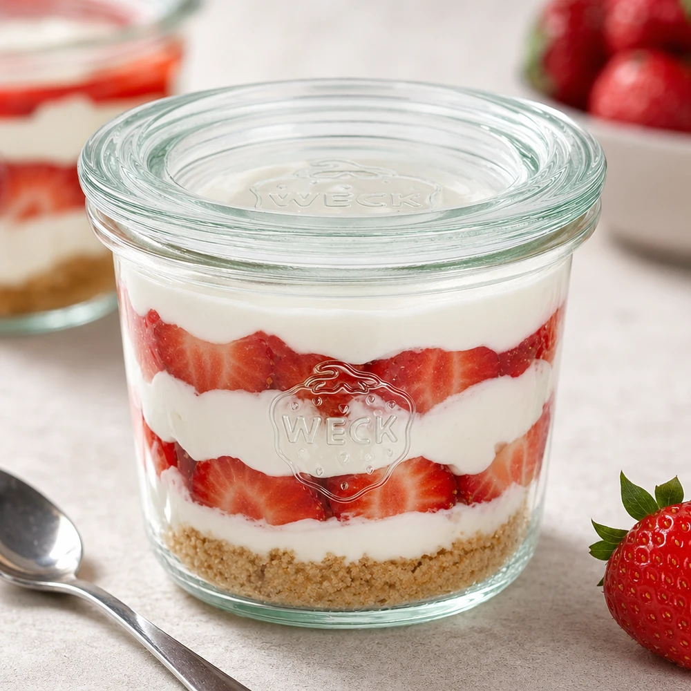 80ml zavařovací sklenice se skleněným víčkem WECK RR60 s dřevěným víčkem WECK Sturzglas 80ml RR60 mit Erdbeer-Sahne-Dessert gefüllt zeigt vielseitige Verwendung als Dessertglas und Portionsglas