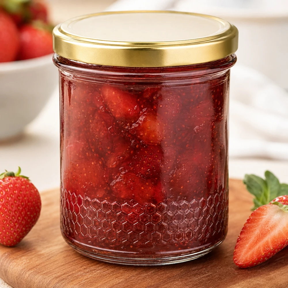 400ml Honigglas mit gold BasicSeal UNiTWIST Deckel als Marmeladenglas für Erdbeermarmelade mit Wabenmuster-Boden