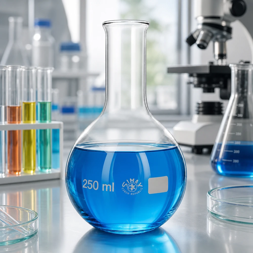 Baňka s úzkým hrdlem 250ml Messkolben 250ml Enghals mit weißem Etikettenfeld zur Beschriftung