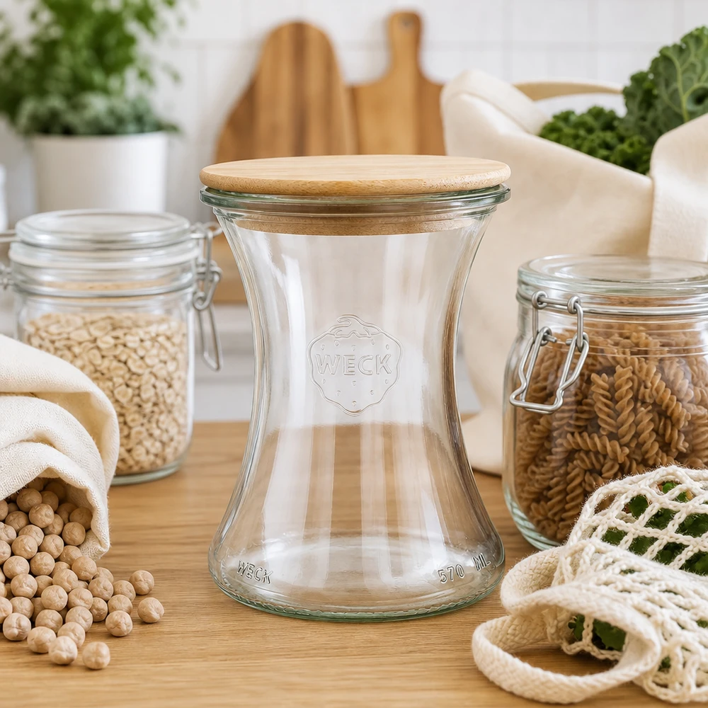 370ml lahůdková sklenice WECK RR80 s dřevěným víčkem kulička. WECK Delikatessenglas 370ml RR80 mit Holzdeckel in Zero-Waste-Küche mit nachhaltigen Vorratsdosen und Stoffbeuteln