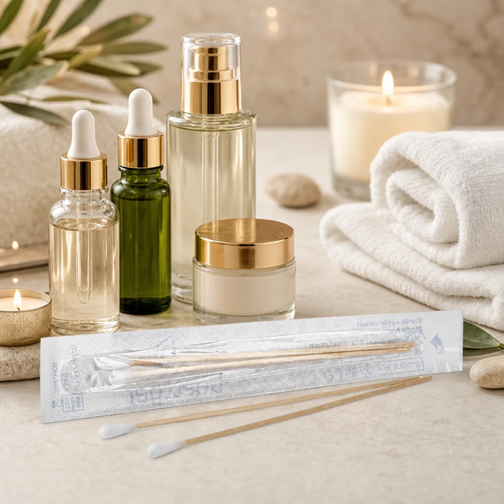 Vatové tyčinky STERIL (2 kusy) Professionelle Wattestäbchen steril 2 Stück für Beauty- und Pflegeanwendung auf hellem Untergrund