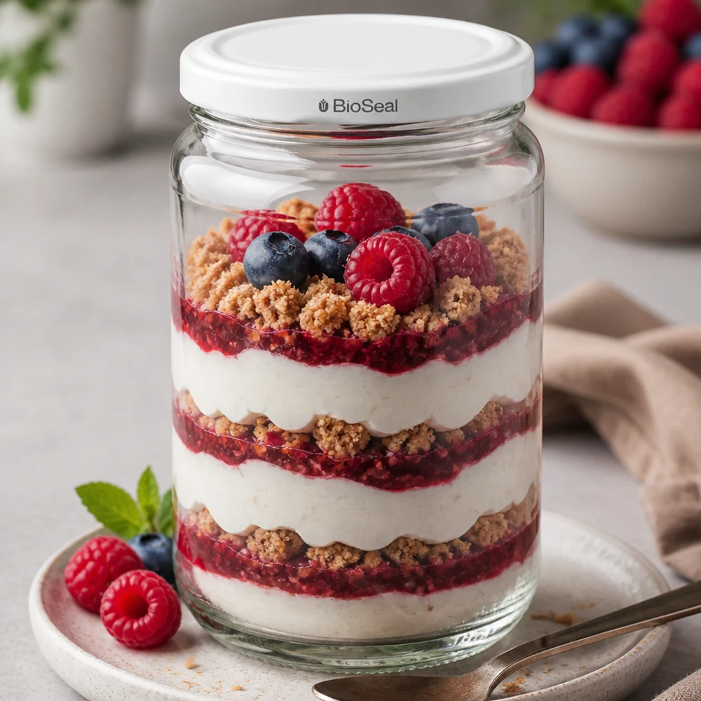 UNiTWIST Runda305 mit BioSeal Deckel als Dessertglas - Schichtdessert mit Beeren und Joghurt stilvoll serviert