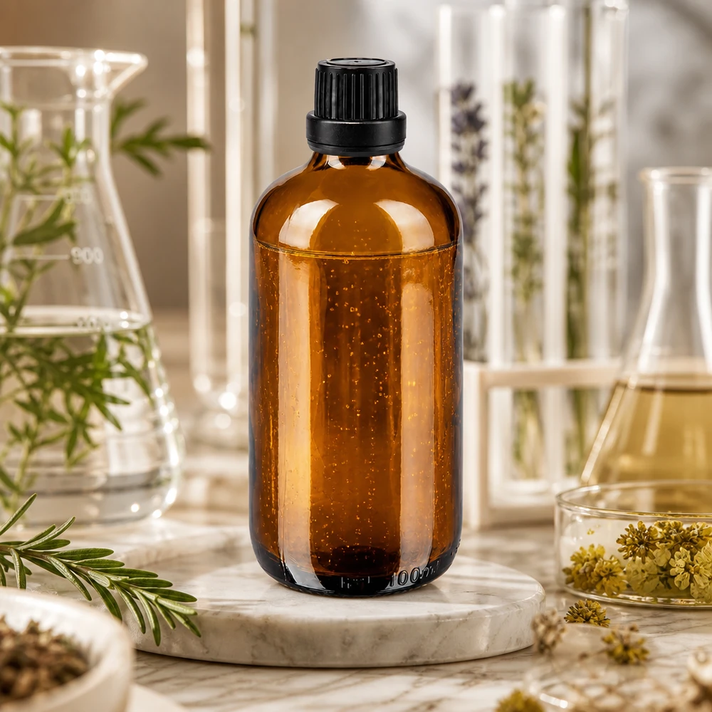 100ml Flakon aus braunem Apothekerglas mit schwarzem Schraubverschluss für pflanzliche Extrakte