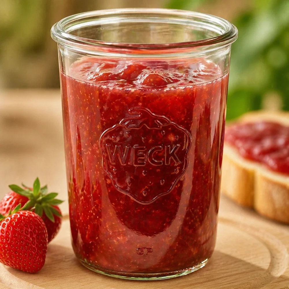 850ml tumble jar WECK RR100 s dřevěným dřevem. 850ml WECK Sturzglas RR100 mit Erdbeermarmelade gefüllt auf Holzbrett neben frischen Erdbeeren und Brot