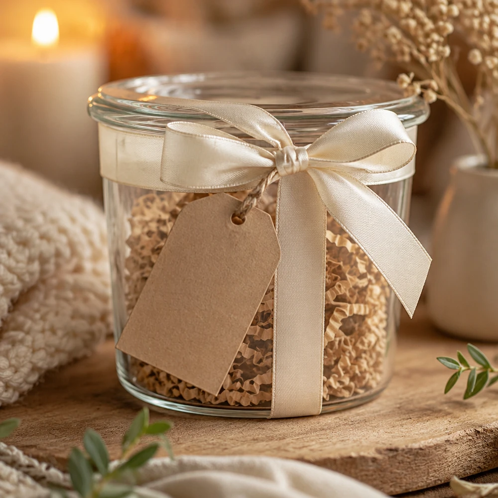 35ml kelímky WECK RR40 WECK Sturzglas 35ml mit Schleife und Anhänger als Geschenkverpackung für Gewürze und kleine Leckereien