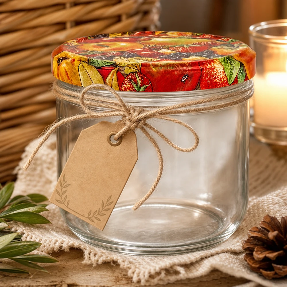 260ml kelímky + víčko BasicSeal s ovocným dekorem UNiTWIST. 260ml Sturzglas mit Obst-Dekor Deckel und rustikaler Geschenkverpackung mit Juteschnur und Anhänger