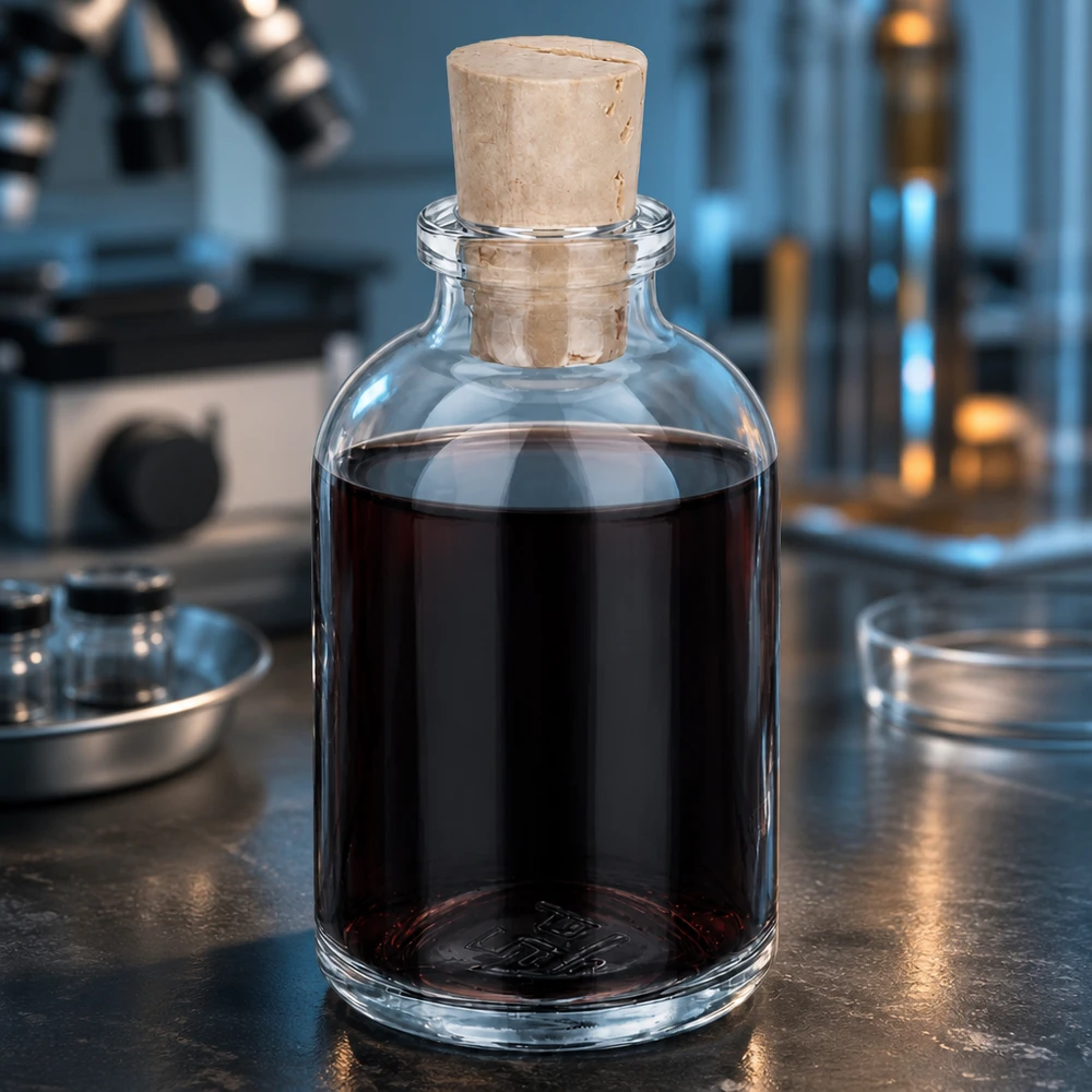 Lahvička z bezbarvého skla 50ml se zátkou 11/14mm Borosilikatglasflasche 50ml mit Korkstopfen im professionellen Laborumfeld mit Mikroskop