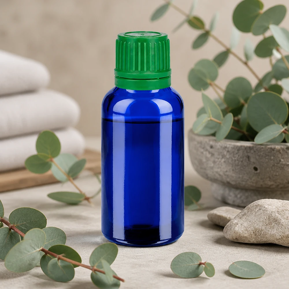 30ml láhev 11mm šroubovací uzávěr zelený uzávěr BlueLine UT18/30. 30ml Glasflasche mit UT18/30 Standardgewinde kompatibel für verschiedene Verschlussarten
