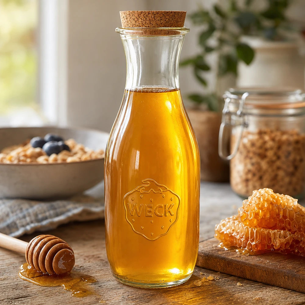 1062ml láhev na džus WECK RR60 s korkem přírodní WECK Saftflasche 1062ml mit goldenem Honig befüllt, Naturkorken und Wabenhonig in gemütlicher Küchenszene