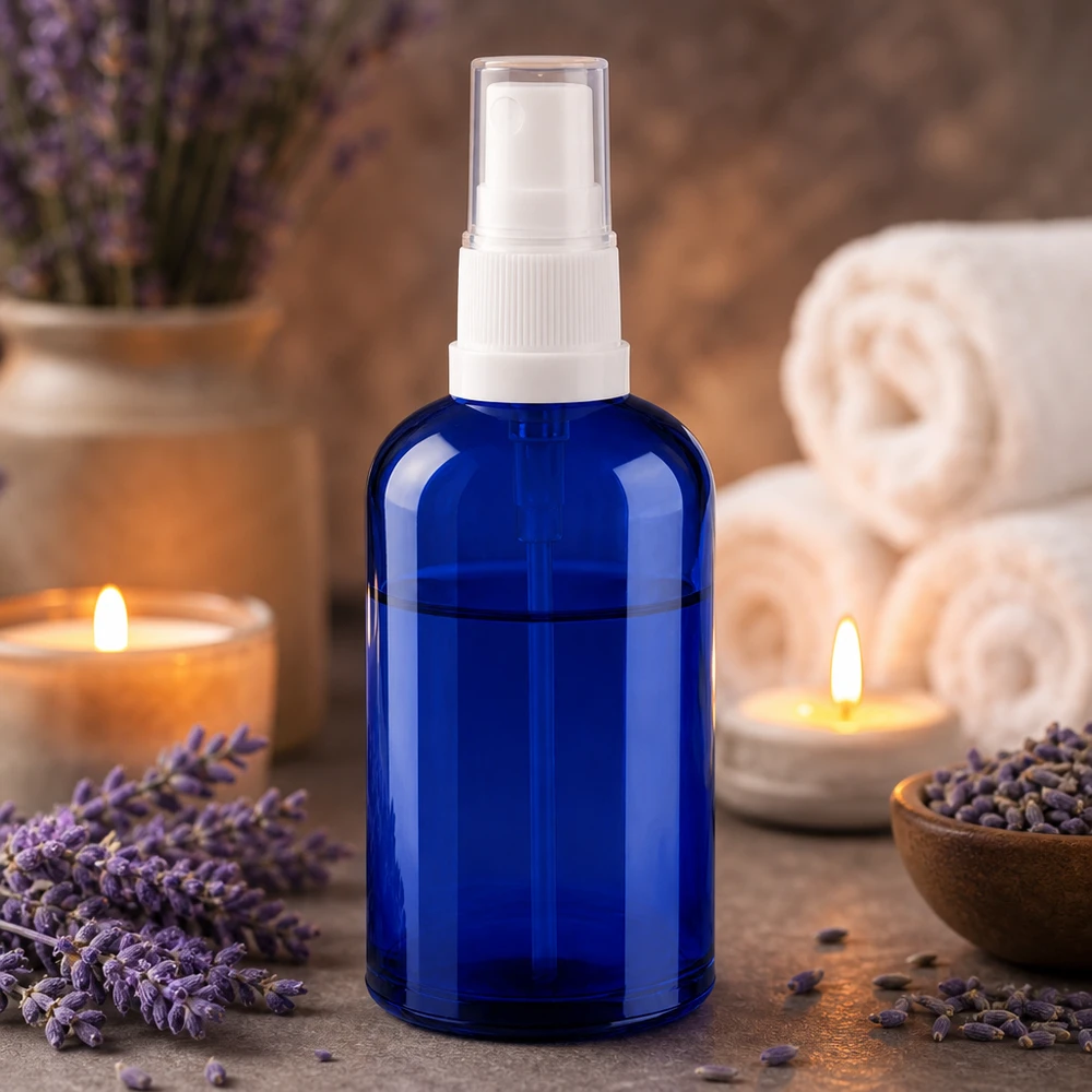 Elegante 100ml Sprayflasche in Blau mit weißem Verschluss für natürliche Pflege
