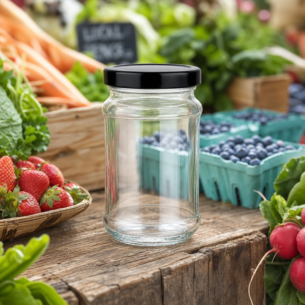 390ml kulatá sklenice + víčko BasicSeal černé hluboké UT 390ml Rundglas mit schwarzem BasicSeal Deckel auf Holztisch zwischen frischem Obst und Gemüse vom Markt