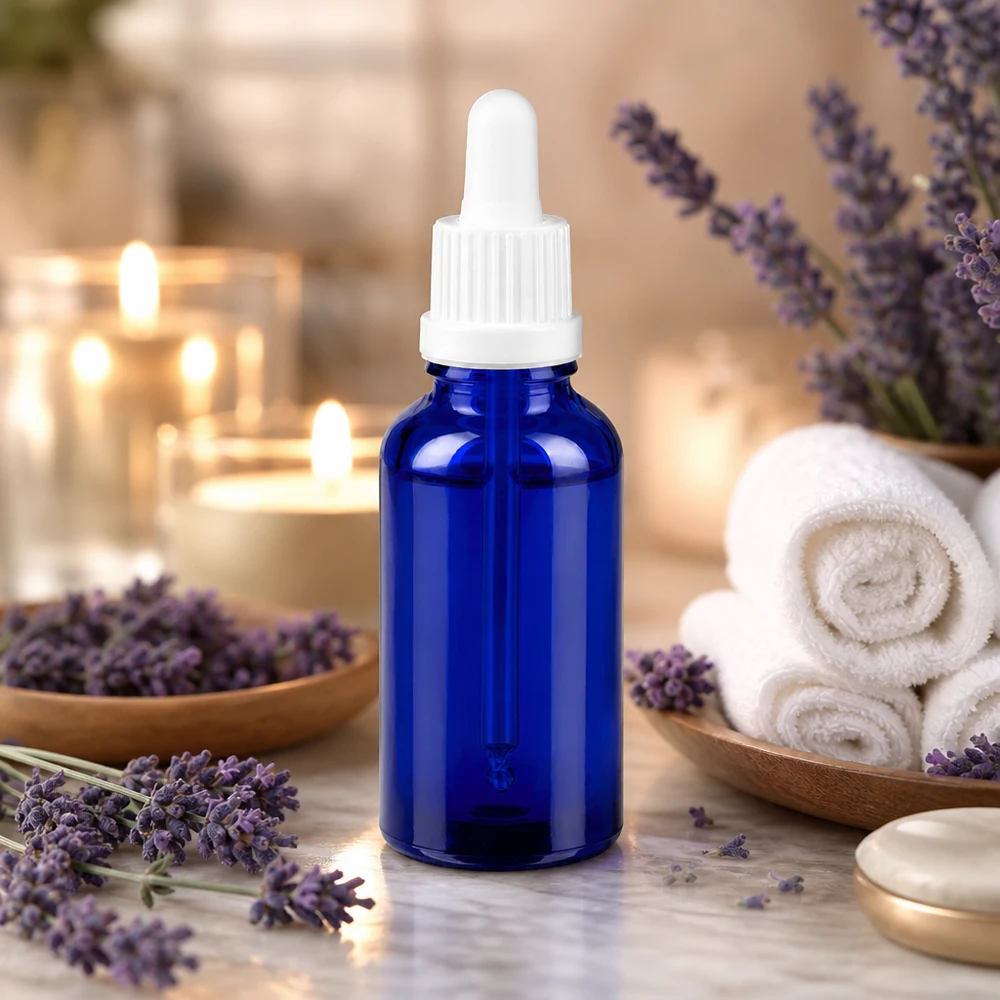 30ml pipetovací láhev bílá s tamper-evidentním uzávěrem BlueLine UT18/30 Kompakte 30ml blaue Glasflasche mit Pipette für DIY Kosmetik und Naturprodukte BlueLine