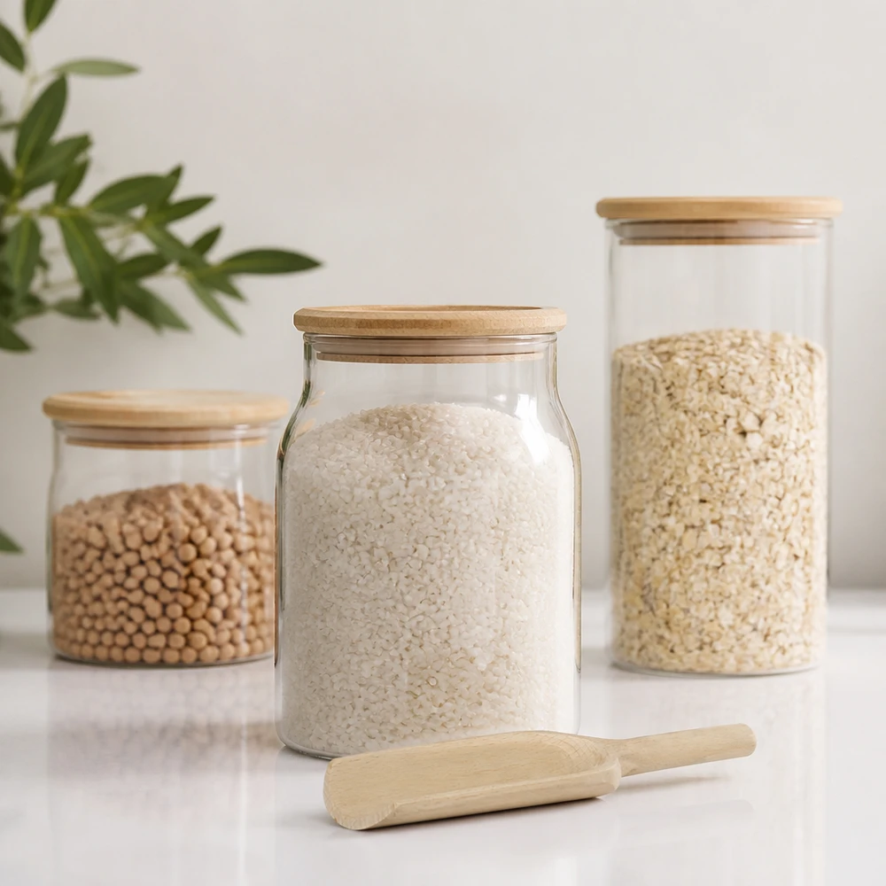 Dřevěná lopatka velikost L plochý tvar - délka 180 mm. Holzschaufel L 18cm flach neben Vorratsgläsern mit Reis Getreide und Hülsenfrüchten Zero Waste Küchenzubehör