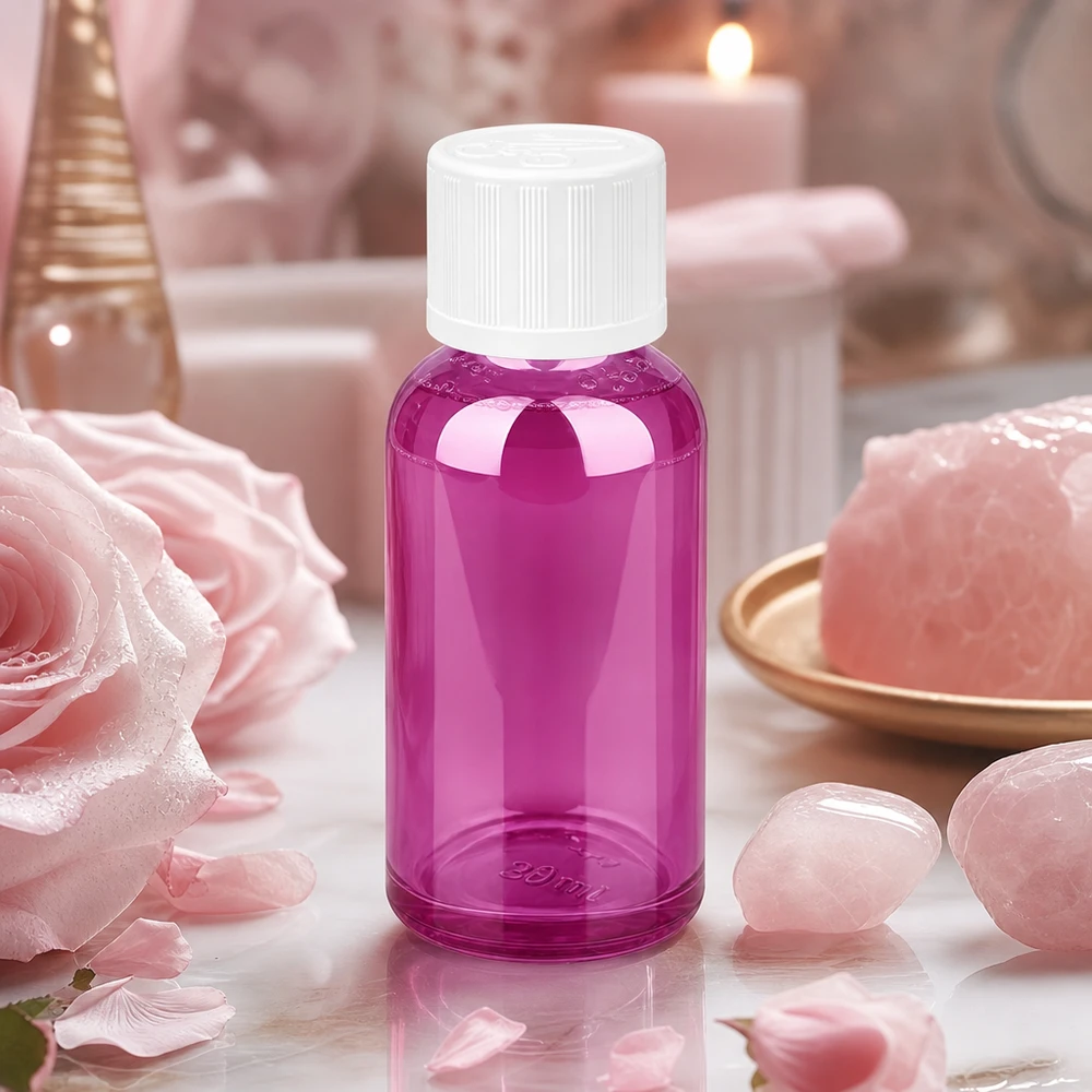 30ml láhev PurpleLine UT18/30 s 11mm šroubovacím uzávěrem bílé barvy standardně odolným proti otevření dětmi. Elegante 30ml Glasflasche in Violett - perfekte Größe für Proben und kleine Chargen