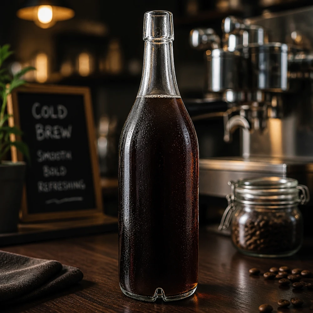 1000ml Glasflasche UNiTWIST mit Cold Brew Coffee befüllt Kaffeebohnen Café-Atmosphäre Schraubverschluss dunkel