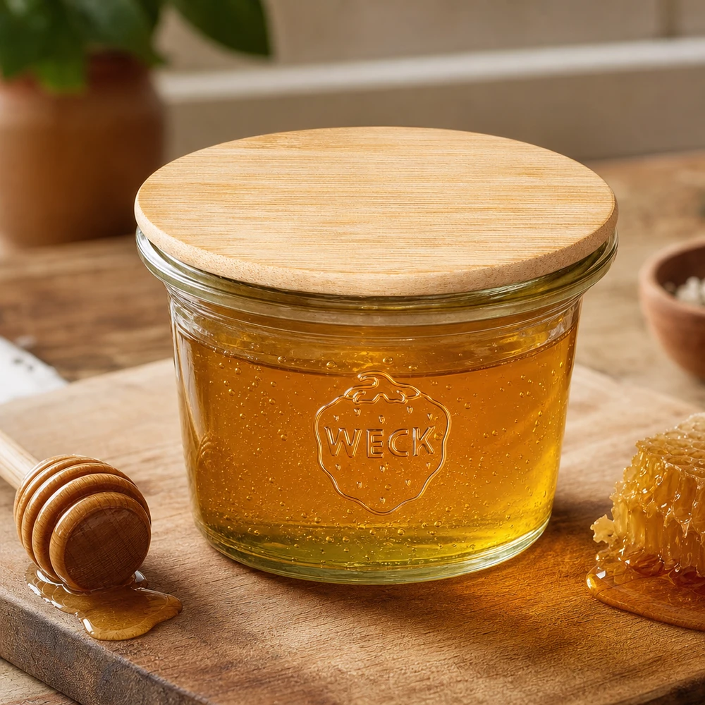 WECK RR40 Sturzglas 35ml mit Bambus Holzdeckel gefüllt mit Honig neben Honiglöffel und Wabe auf Holzuntergrund