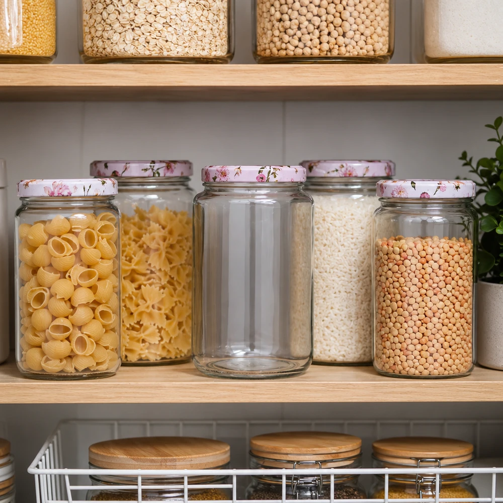 795ml kulatá sklenice + víčko BasicSeal flower pink UNiTWIST 795ml Rundglas BasicSeal Deckel rosa Blumen in organisierter Pantry mit Pasta Reis Linsen Vorratshaltung Küche