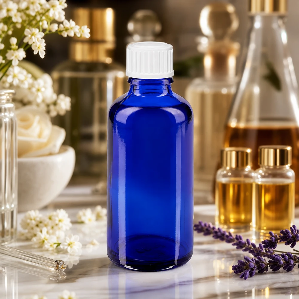 Lékárenská láhev modrá 50ml kapací uzávěr bílý 0,8mm standardní Blaue 50ml ApoGlas Flasche mit weißem Verschluss zwischen Lavendel und Aromadüften