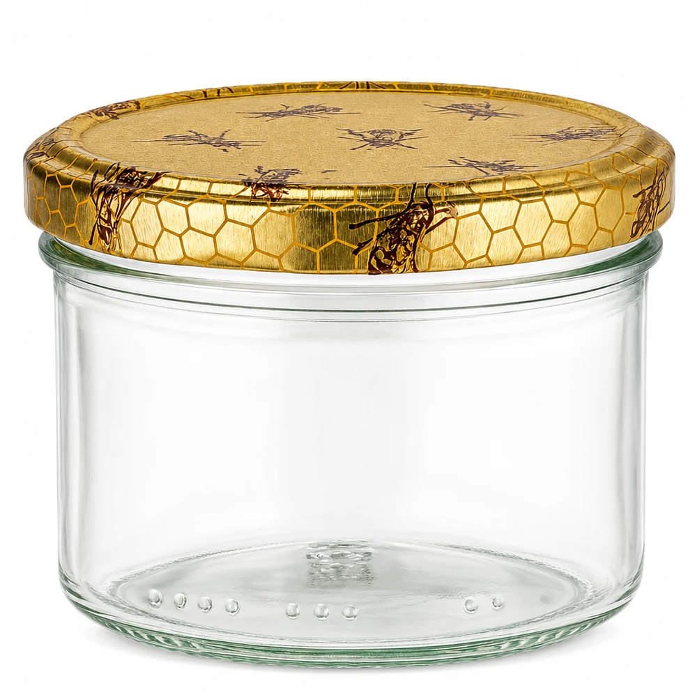 Leeres 300g Honigglas aus Glas mit goldenem Bienenwaben-Schraubdeckel für Honig und Marmelade
