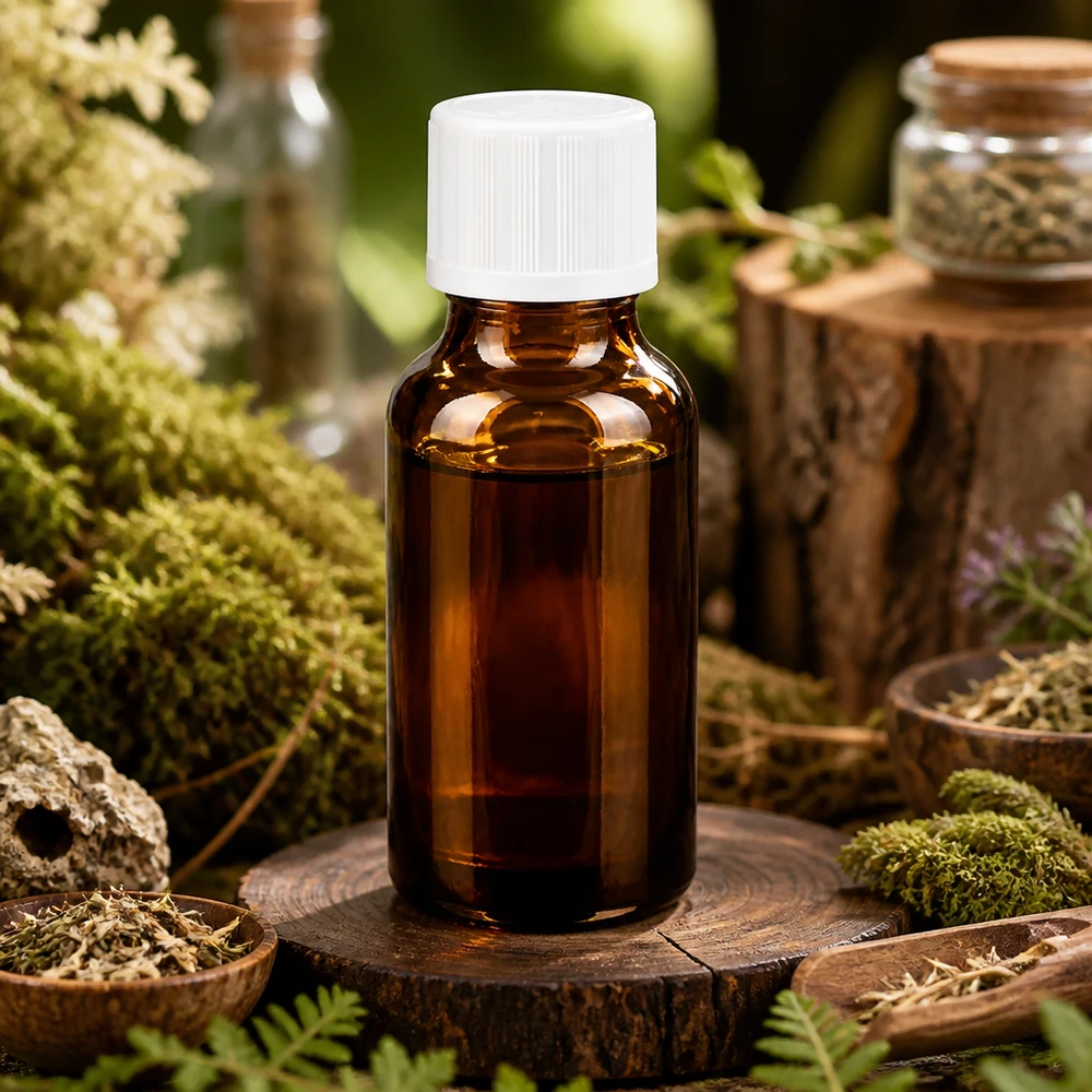 Ätherisches Öl Flasche 20ml Braunglas mit Tropfeinsatz zwischen Waldmoos und Holzelementen