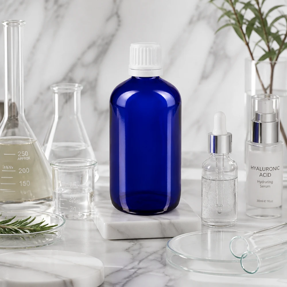 Blaue 100ml Tropfflasche aus hochwertigem Apothekerglas mit Dosiereinsatz in Laborumgebung