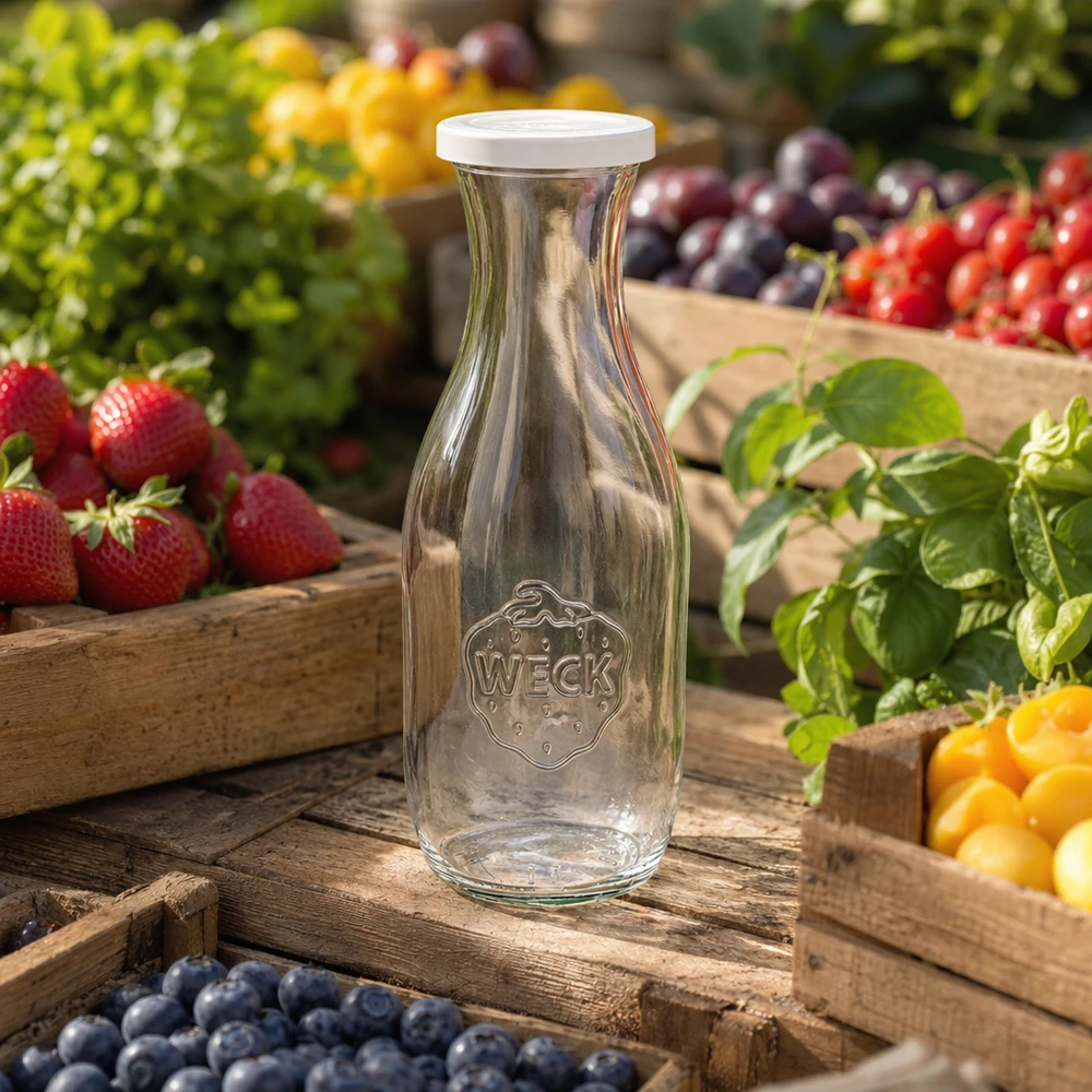 WECK Saftflasche 1062ml leer mit Logo zwischen bunten Früchten auf Holzkisten in natürlicher Gartenumgebung