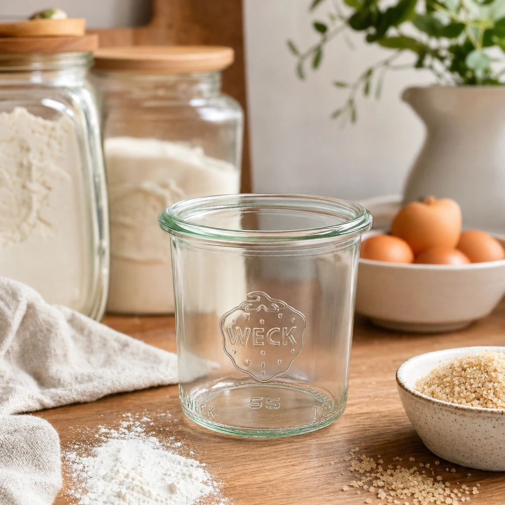 140ml tumbler WECK RR60 s dřevěným dřevem - 140ml tumbler WECK RR60 s dřevěným dřevem. 140ml WECK Sturzglas RR60 Einmachglas mit Logo auf Holztisch in moderner Küche mit Vorratsgläsern und Zutaten