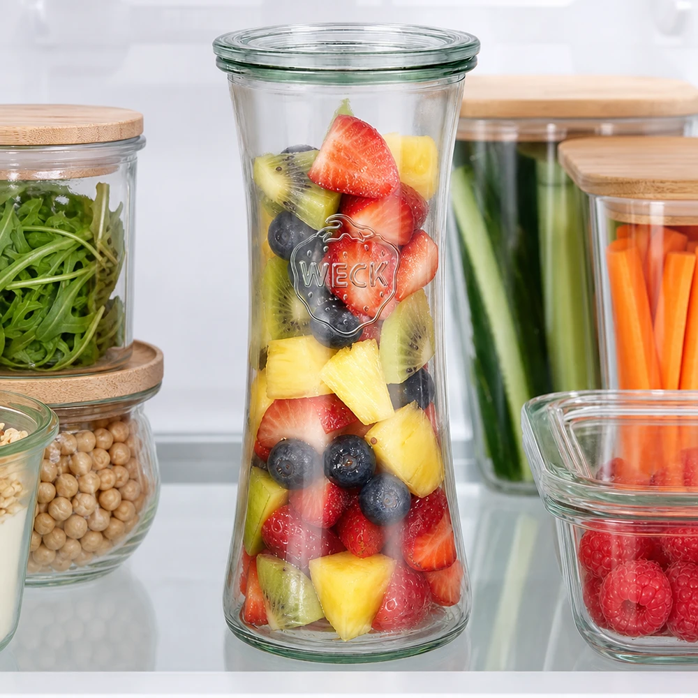 WECK Delikatessenglas 700ml RR80 mit buntem Obstsalat im Kühlschrank - perfekte Vorratshaltung für frische Früchte